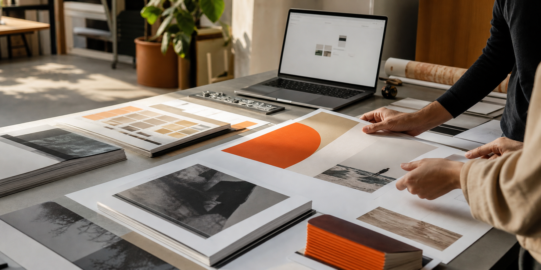 Materiales impresos sobre una mesa de trabajo